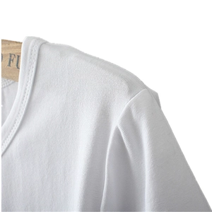 Close-up of a white cotton crew neck T-shirt with reinforced neckline and seam details