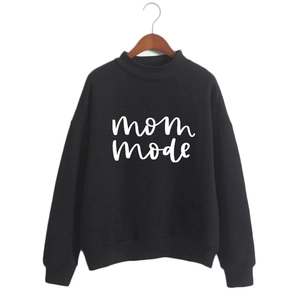 Loose black mom mode sweatshirt with white printed letters and ribbed high neck design
