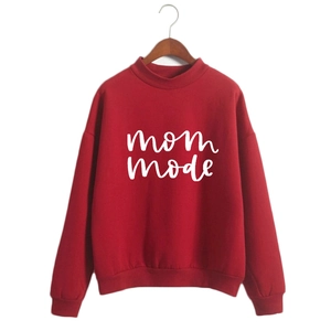 Red long sleeve pullover sweatshirt with white Mom Mode print and high round neck