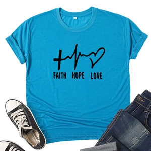 Lake blue t-shirt featuring black Faith Hope Love graphic print with cross and heart