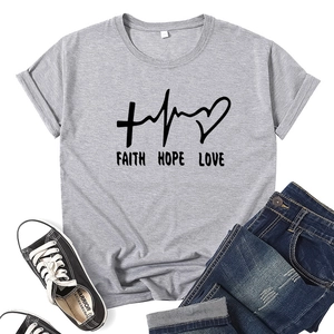 Gray cotton T-shirt featuring Faith Hope Love graphic print with cross and heart motifs