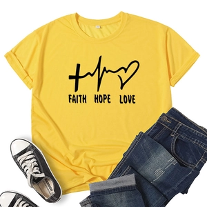 Faith Hope Love printed yellow short sleeve T-shirt with religious graphics for casual wear