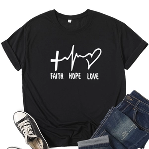 Detailed flat lay of black cotton T-shirt featuring white Faith Hope Love graphic print