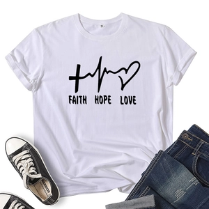 Detailed view of Faith Hope Love graphic print on a white cotton crewneck t-shirt