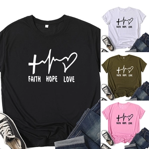 Women Faith Hope Love Print T-Shirt Round Neck Short Sleeve Polyester Cotton Blend Loose Casual Christian Top