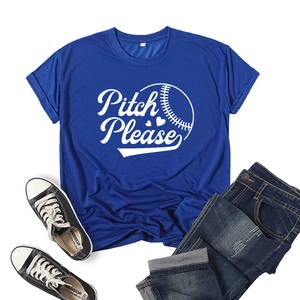 Flat lay of blue Pitch Please baseball print t-shirt with jeans and sneakers