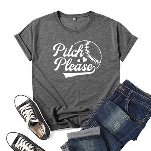 Detail of Pitch Please graphic print on a charcoal grey cotton baseball t-shirt