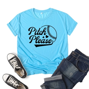 Flat lay of sky blue cotton t-shirt featuring black Pitch Please baseball text graphic