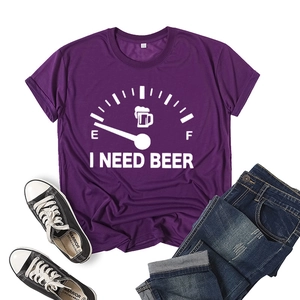Detail of purple cotton T-shirt featuring 'I NEED BEER' graphic print and gas gauge