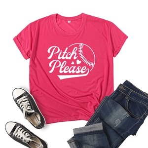 Detail of rose pink Pitch Please baseball print t-shirt with jeans and canvas shoes