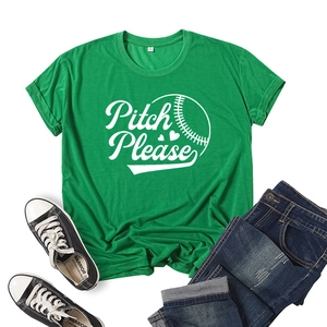Flat lay of green cotton t-shirt with Pitch Please baseball print and denim jeans