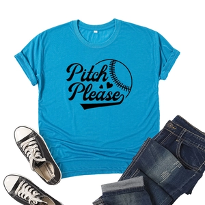 Close-up of Pitch Please baseball print on a bright blue cotton short sleeve T-shirt