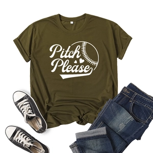 Flat lay of army green cotton t-shirt with Pitch Please baseball print and blue jeans