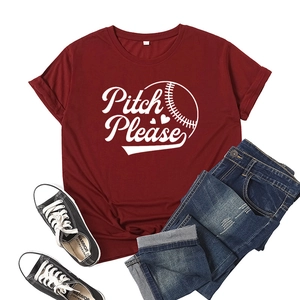 Flat lay of maroon Pitch Please baseball t-shirt with ripped jeans and canvas shoes