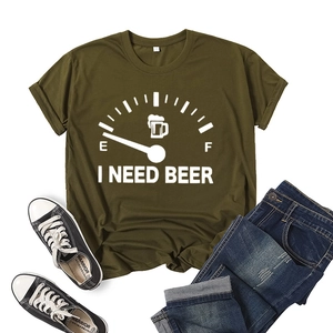Detail of I Need Beer graphic print on army green cotton T-shirt with fuel gauge design