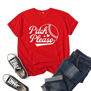 Close-up of Pitch Please print and baseball stitching detail on a red cotton t-shirt