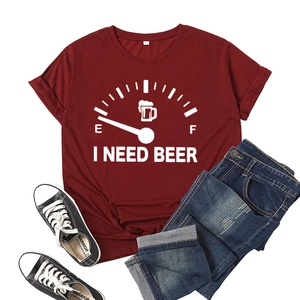Burgundy t-shirt featuring I Need Beer gauge print styled with jeans and sneakers