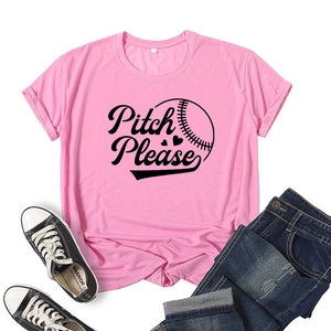 Pink cotton t-shirt with Pitch Please baseball print paired with jeans and shoes