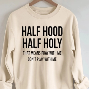 Women Sweatshirt Crew Neck Long Sleeve Polyester Half Hood Half Holy Letter Print Oversized Streetwear Casual Pullover
