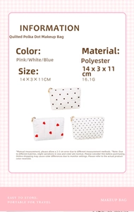 Detailed size chart for the quilted heart polka dot pouch in 14x3x11cm dimensions