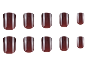 Detailed set of glossy dark red press-on nails arranged by size on white background
