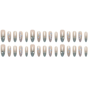 Set of 24 almond nails featuring blue heart patterns and silver glitter gradient details