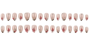 Detail of almond-shaped press-on nails with red stars, leopard prints and tiny rhinestones