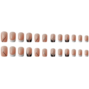 Detail of 24pcs nude pink French press-on nails with white tips and black dynamic lines