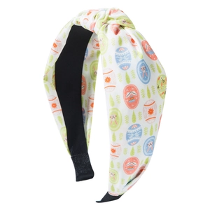 Easter headband with colorful egg and bunny print featuring a stylish top knot design