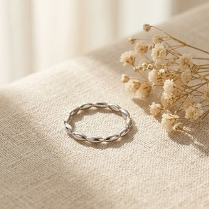 Minimalist silver rice bead stackable ring in polished stainless steel for women