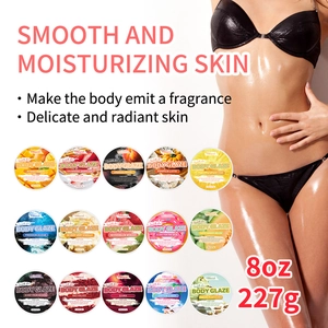 Showcase of 15 scented body glaze jars and model with glowing skin after moisturizing