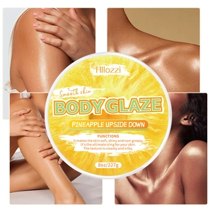 Macro detail of Pineapple Upside Down Body Glaze showing shimmering skin effect and 8oz jar