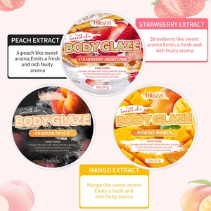 Three fruit-scented body glaze jars featuring strawberry, peach, and mango textures