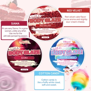 Detailed view of scented body glaze trio with velvet, cotton candy and floral scents