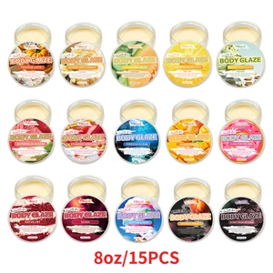 Moisturizing body glaze skincare set with various scents in 8oz and 2oz jars