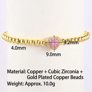 Gold-plated beaded bracelet with pink heart-shaped birthstone and 4mm gold beads