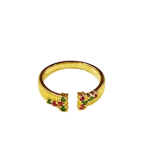 Adjustable gold open ring with striped band featuring red and green faceted gemstones