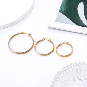 Three sizes of 18K gold plated wide band stainless steel hoop earrings with mesh texture