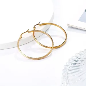 Classic 18K gold plated stainless steel wide hoop earrings with diamond pattern texture