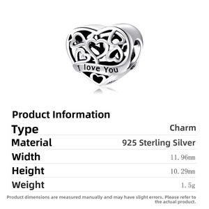 Macro detail of S925 sterling silver heart charm with I Love You engraving and measurements