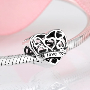S925 sterling silver hollow heart charm with I Love You engraving for snake chain bracelets