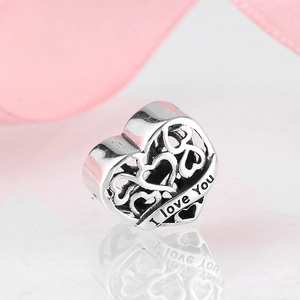 S925 sterling silver hollow heart charm with I love You engraving for DIY bracelet