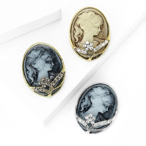 Vintage cameo portrait brooches set in three colors with rhinestones and antique frames