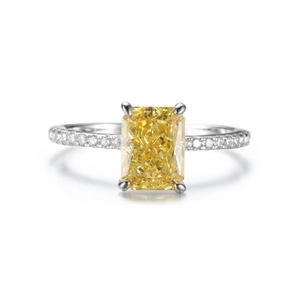 Elegant S925 silver ring featuring 2ct emerald-cut yellow zircon in classic 4-prong setting