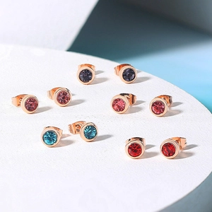 Round Cubic Zirconia Stud Earrings Copper Bezel Set Minimalist Tiny Colorful Jewelry Birthday Gift For Women