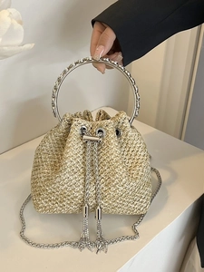 Women Summer Fashion Straw Woven Bucket Bag Rhinestone Metal Ring Handle Tassel Decor Crossbody Shoulder Handbag