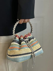 Colorful striped straw bucket bag with rhinestone ring handle and silver fringe charms