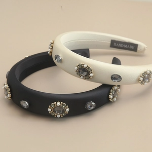 Retro Padded Headband Satin Fabric With Rhinestone Faux Artificial Pearl Handmade Elegant Luxury Hairband For Women Accessory