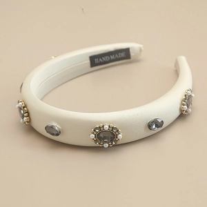 Elegant wide padded cream satin headband with sparkling crystals and imitation pearls