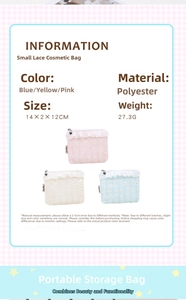 Lace makeup bag detailed specs for blue yellow and pink floral pouches measuring 14x12cm